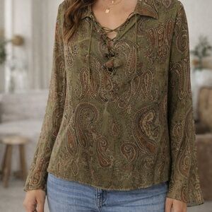Vintage Y2K Silk Paisley Lace-Up Blouse XL Sheer Boho Top”